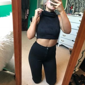 Black suede cowl neck sleeveless crop top